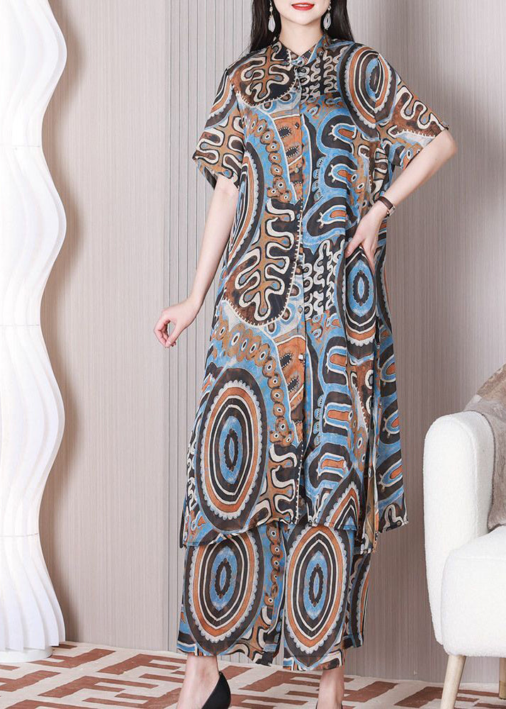 Chic Blue Stand Collar Print Silk Shirt Dress And Straight Pant Women Sets 2 Pieces Summer LY3775 - fabuloryshop