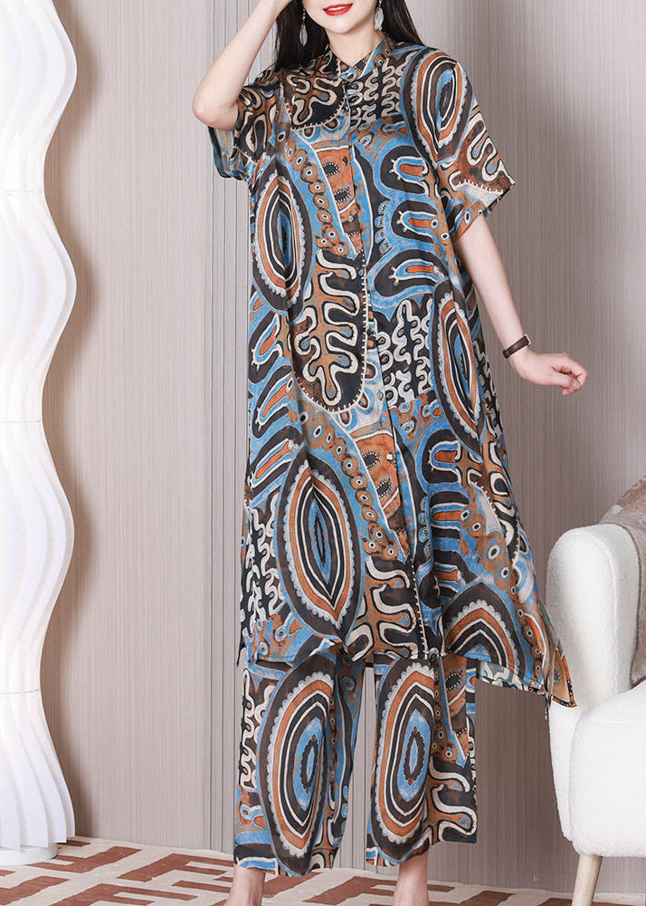 Chic Blue Stand Collar Print Silk Shirt Dress And Straight Pant Women Sets 2 Pieces Summer LY3775 - fabuloryshop