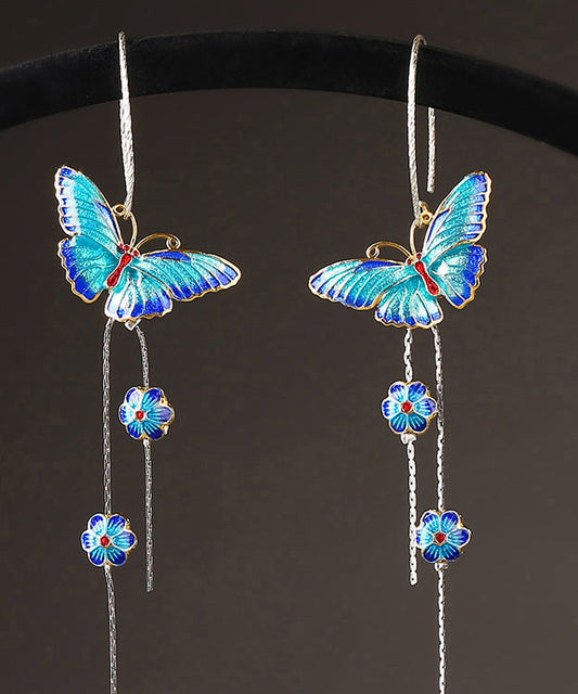 Chic Blue Sterling Silver Cloisonne Butterfly Floral Drop Earrings LY2267