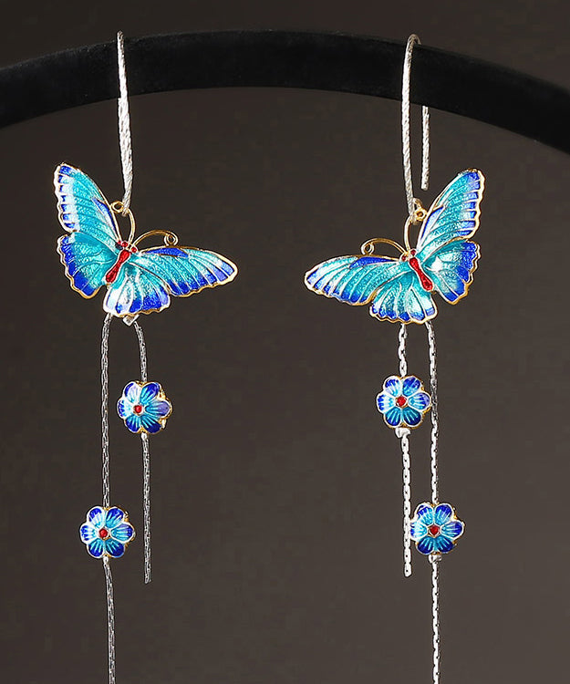 Chic Blue Sterling Silver Cloisonne Butterfly Floral Drop Earrings LY2267 - fabuloryshop