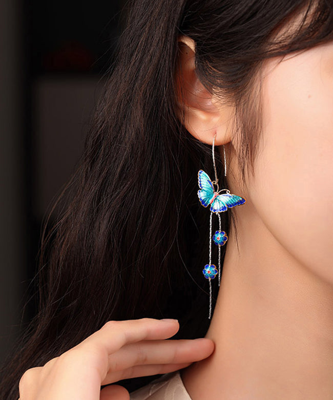 Chic Blue Sterling Silver Cloisonne Butterfly Floral Drop Earrings LY2267 - fabuloryshop