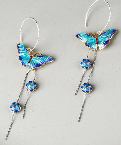 Chic Blue Sterling Silver Cloisonne Butterfly Floral Drop Earrings LY2267 - fabuloryshop