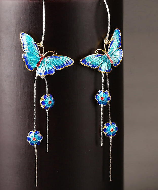 Chic Blue Sterling Silver Cloisonne Butterfly Floral Drop Earrings LY2267 - fabuloryshop