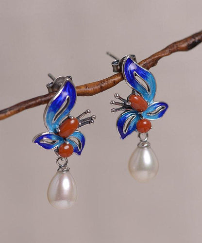 Chic Blue Sterling Silver Cloisonne Jade Pearl Butterfly Stud Earrings TW1052 - fabuloryshop