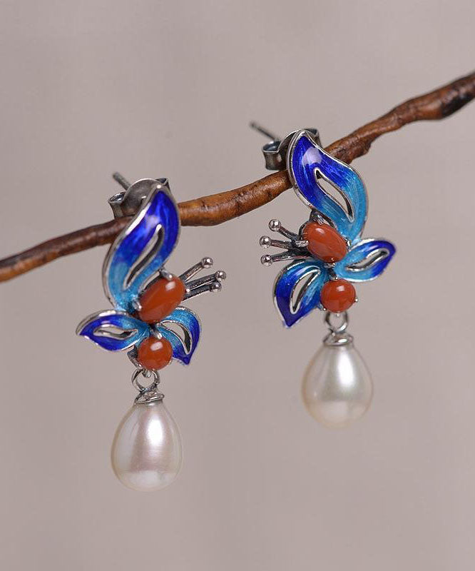 Chic Blue Sterling Silver Cloisonne Jade Pearl Butterfly Stud Earrings Ada Fashion