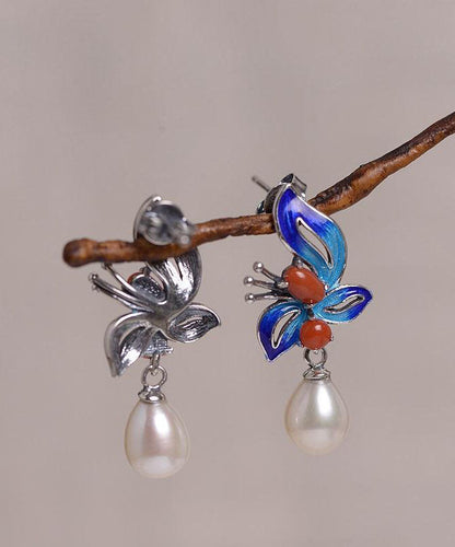 Chic Blue Sterling Silver Cloisonne Jade Pearl Butterfly Stud Earrings TW1052 - fabuloryshop