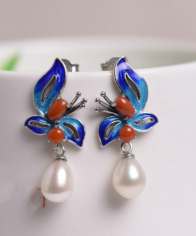 Chic Blue Sterling Silver Cloisonne Jade Pearl Butterfly Stud Earrings Ada Fashion