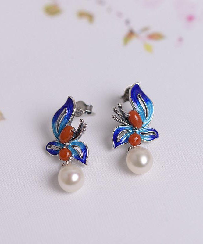Chic Blue Sterling Silver Cloisonne Jade Pearl Butterfly Stud Earrings TW1052 - fabuloryshop