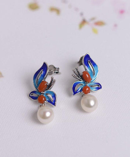 Chic Blue Sterling Silver Cloisonne Jade Pearl Butterfly Stud Earrings Ada Fashion