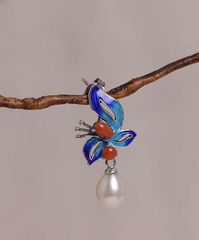 Chic Blue Sterling Silver Cloisonne Jade Pearl Butterfly Stud Earrings TW1052 - fabuloryshop