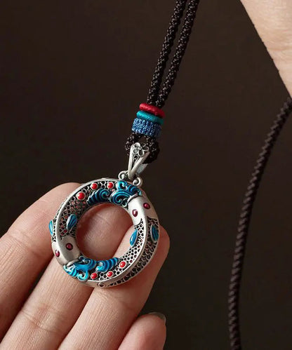 Chic Blue Sterling Silver Cloisonne Lucky Charm Pendant Necklace Ada Fashion