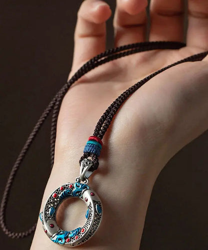 Chic Blue Sterling Silver Cloisonne Lucky Charm Pendant Necklace Ada Fashion