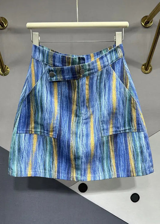 Chic Blue Striped Asymmetrical Pockets Patchwork Denim Skirts Summer Ada Fashion