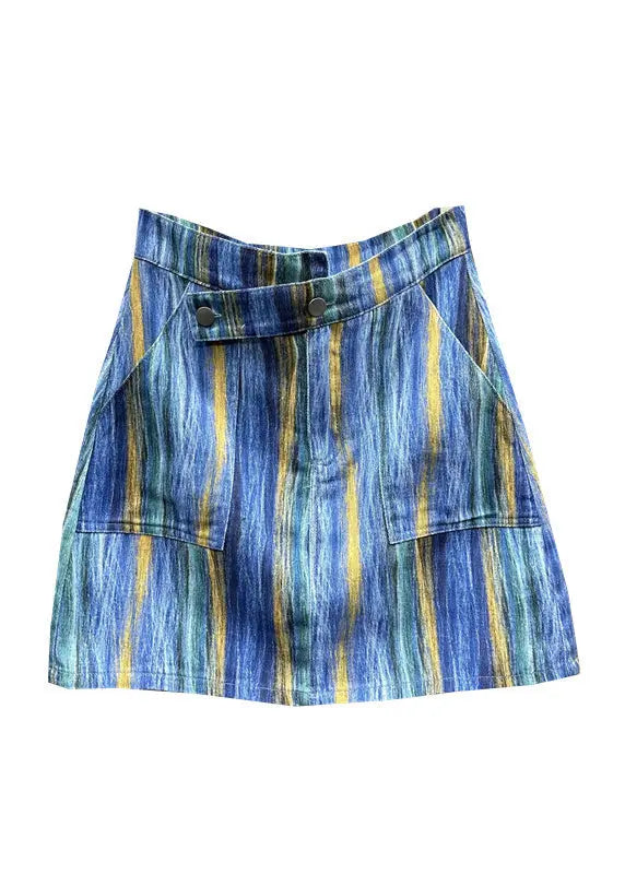 Chic Blue Striped Asymmetrical Pockets Patchwork Denim Skirts Summer Ada Fashion