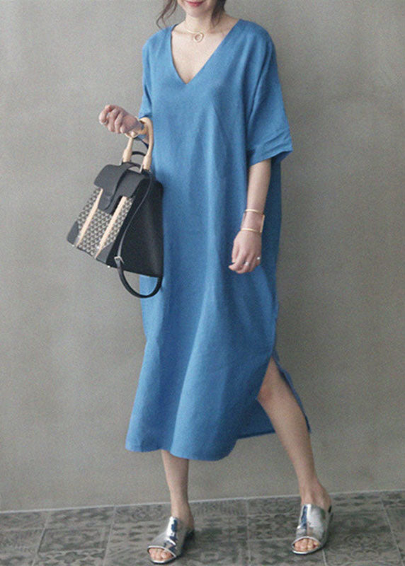 Chic Blue V Neck Patchwork Side Open Linen Maxi Dress Summer LY2088 - fabuloryshop