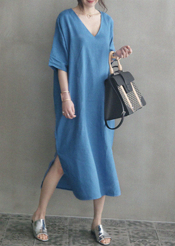 Chic Blue V Neck Patchwork Side Open Linen Maxi Dress Summer LY2088 - fabuloryshop