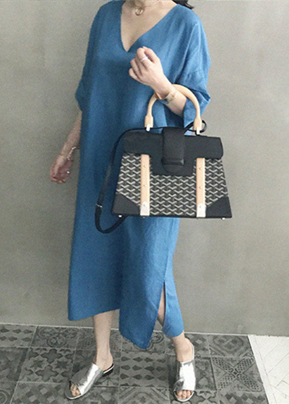 Chic Blue V Neck Patchwork Side Open Linen Maxi Dress Summer LY2088 - fabuloryshop