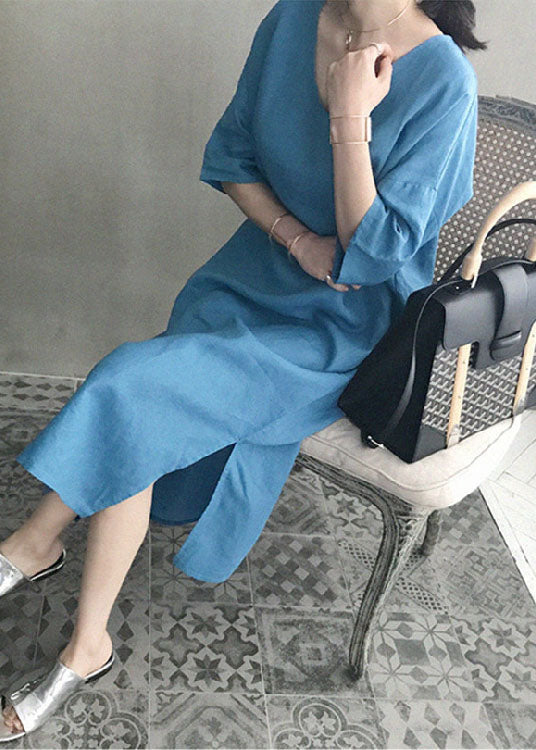 Chic Blue V Neck Patchwork Side Open Linen Maxi Dress Summer LY2088 - fabuloryshop