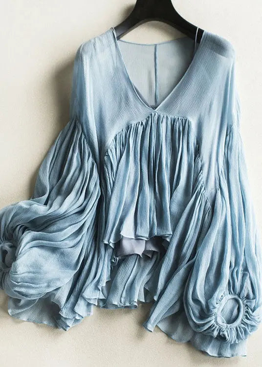 Chic Blue Wrinkled Chiffon Shirt And Spaghetti Strap Two Pieces Set Lantern Sleeve Ada Fashion