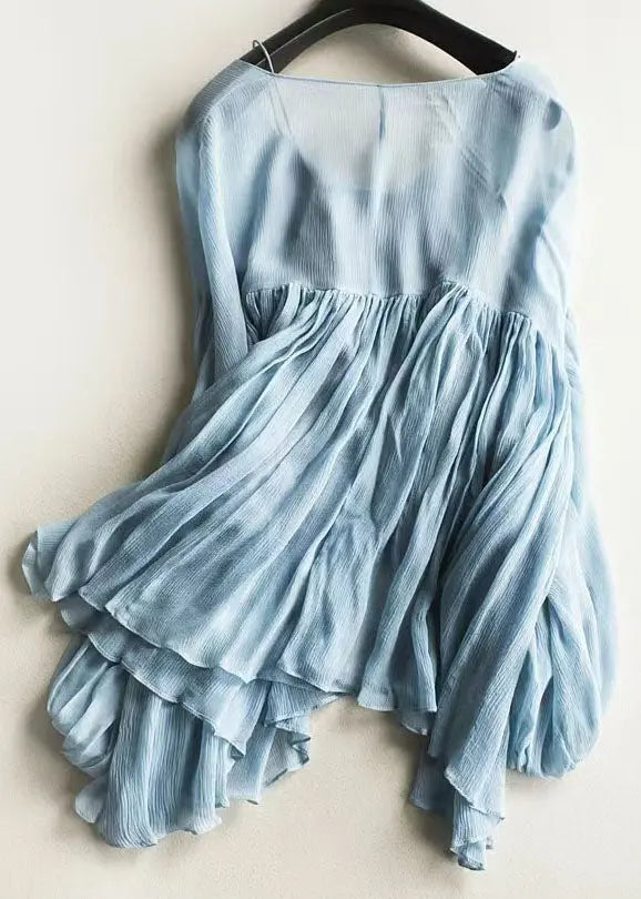 Chic Blue Wrinkled Chiffon Shirt And Spaghetti Strap Two Pieces Set Lantern Sleeve Ada Fashion