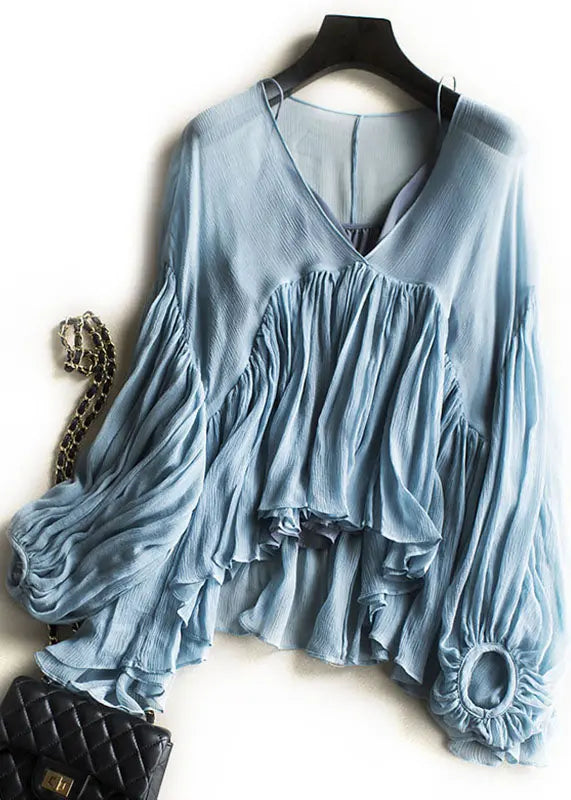 Chic Blue Wrinkled Chiffon Shirt And Spaghetti Strap Two Pieces Set Lantern Sleeve Ada Fashion