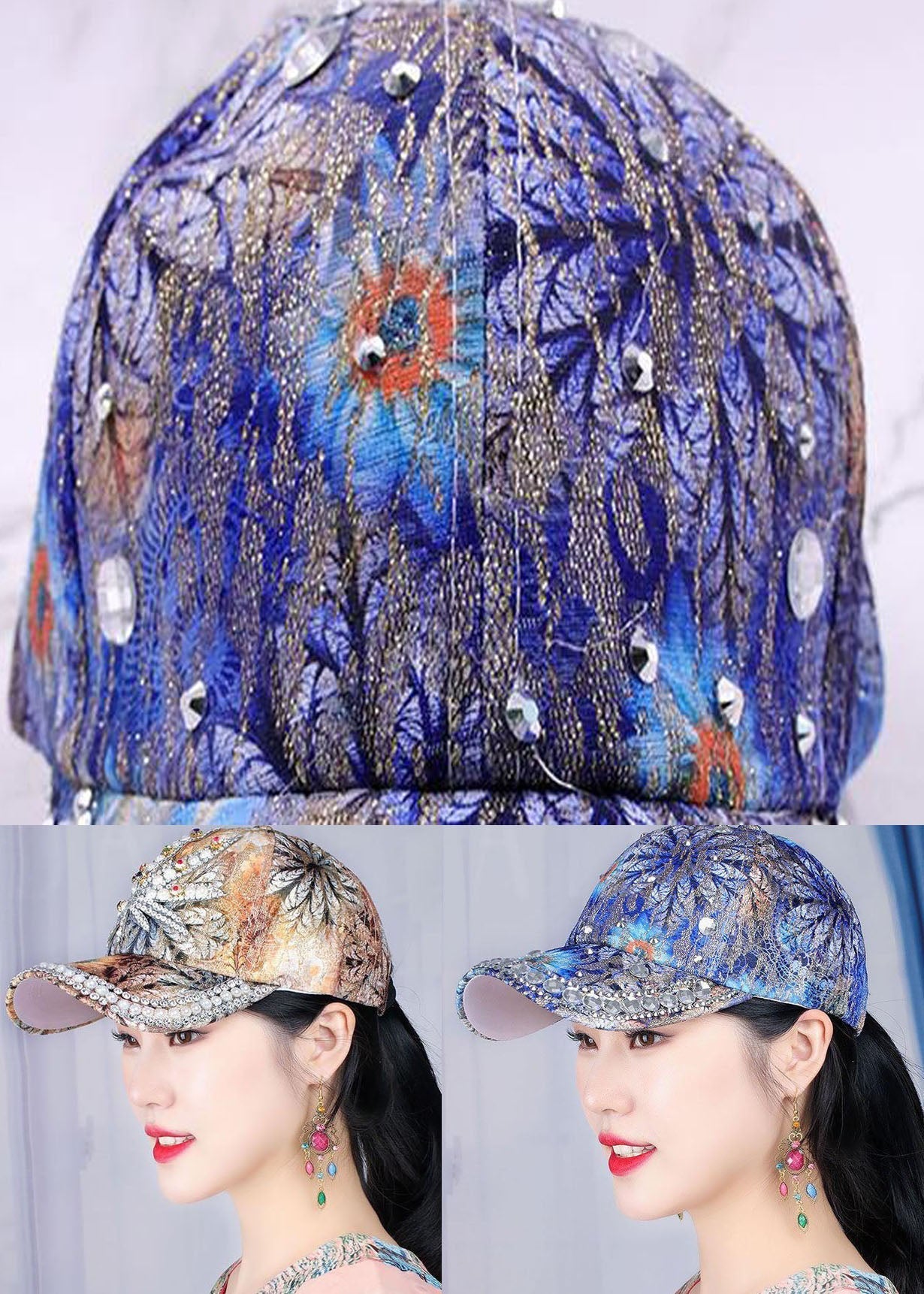 Chic Blue Zircon Print Patchwork Cotton Baseball Cap Hat LC0554