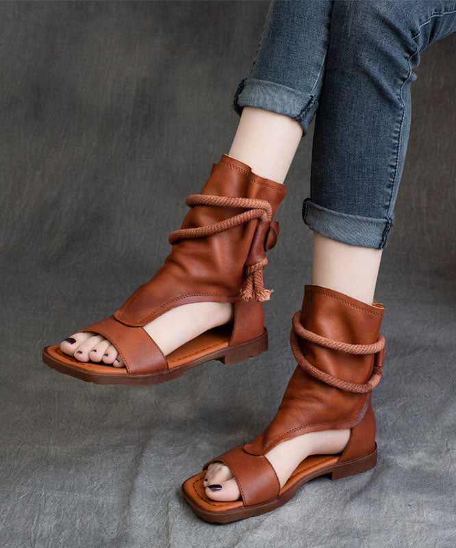 Chic Brown Cowhide Leather Flat Sandals Boots Peep Toe Splicing Zippered LY7647