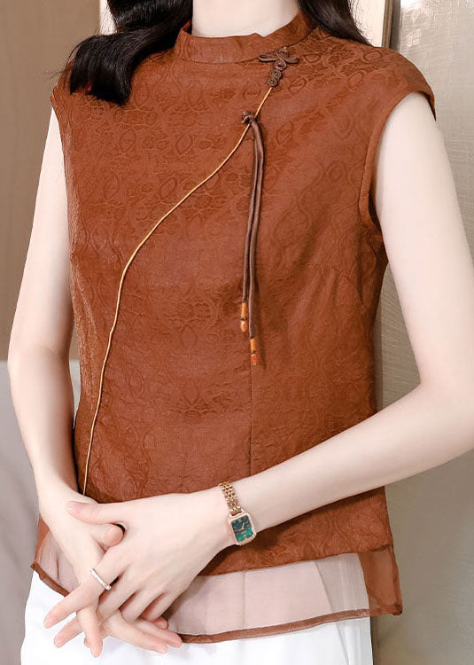 Chic Brown Tasseled Patchwork Jacquard Silk Shirt Sleeveless LC0259 - fabuloryshop