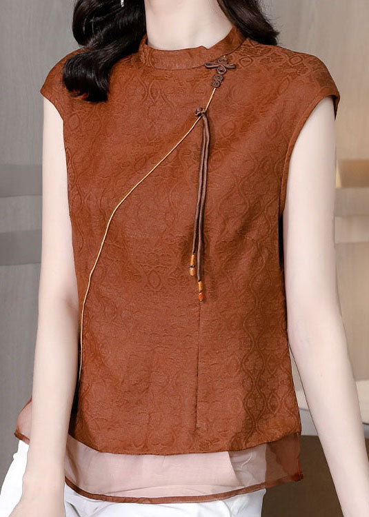 Chic Brown Tasseled Patchwork Jacquard Silk Shirt Sleeveless LC0259 - fabuloryshop