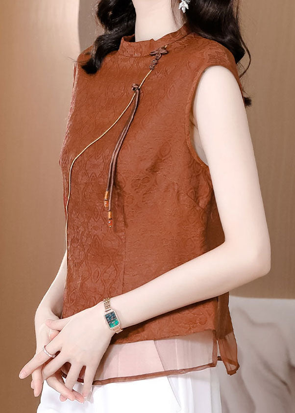 Chic Brown Tasseled Patchwork Jacquard Silk Shirt Sleeveless LC0259 - fabuloryshop