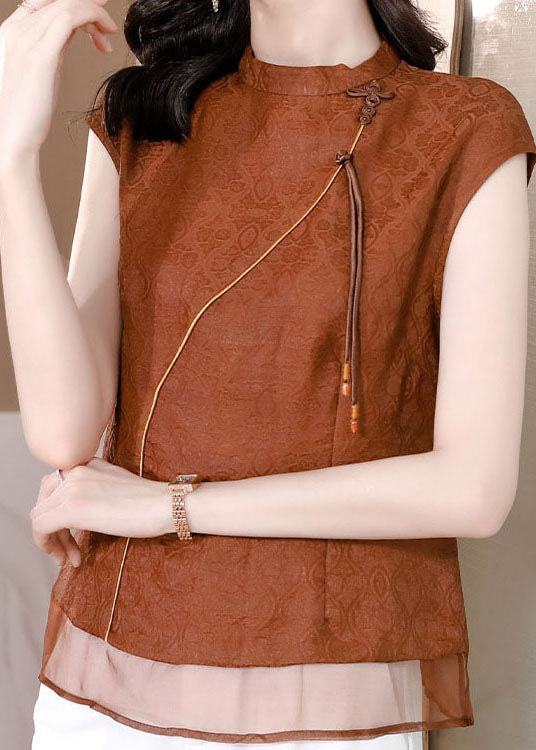 Chic Brown Tasseled Patchwork Jacquard Silk Shirt Sleeveless LC0259 - fabuloryshop