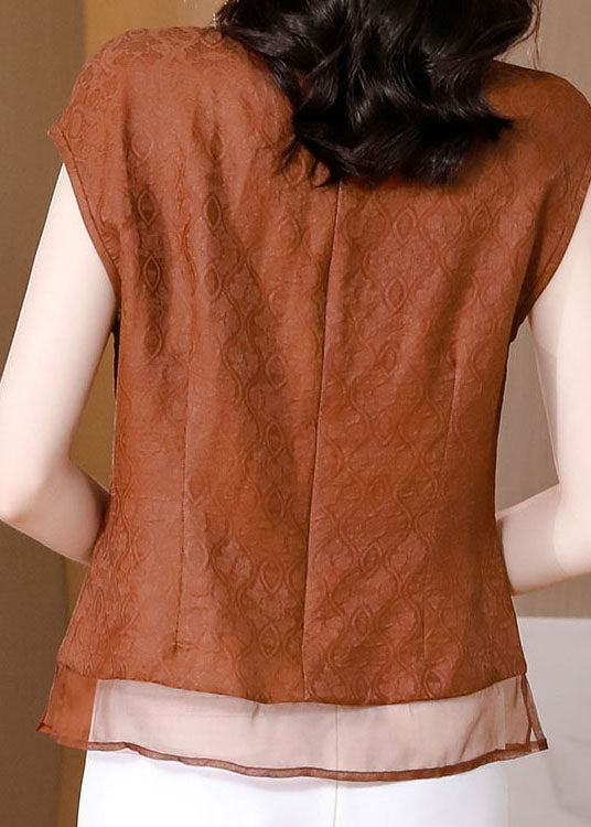 Chic Brown Tasseled Patchwork Jacquard Silk Shirt Sleeveless LC0259 - fabuloryshop