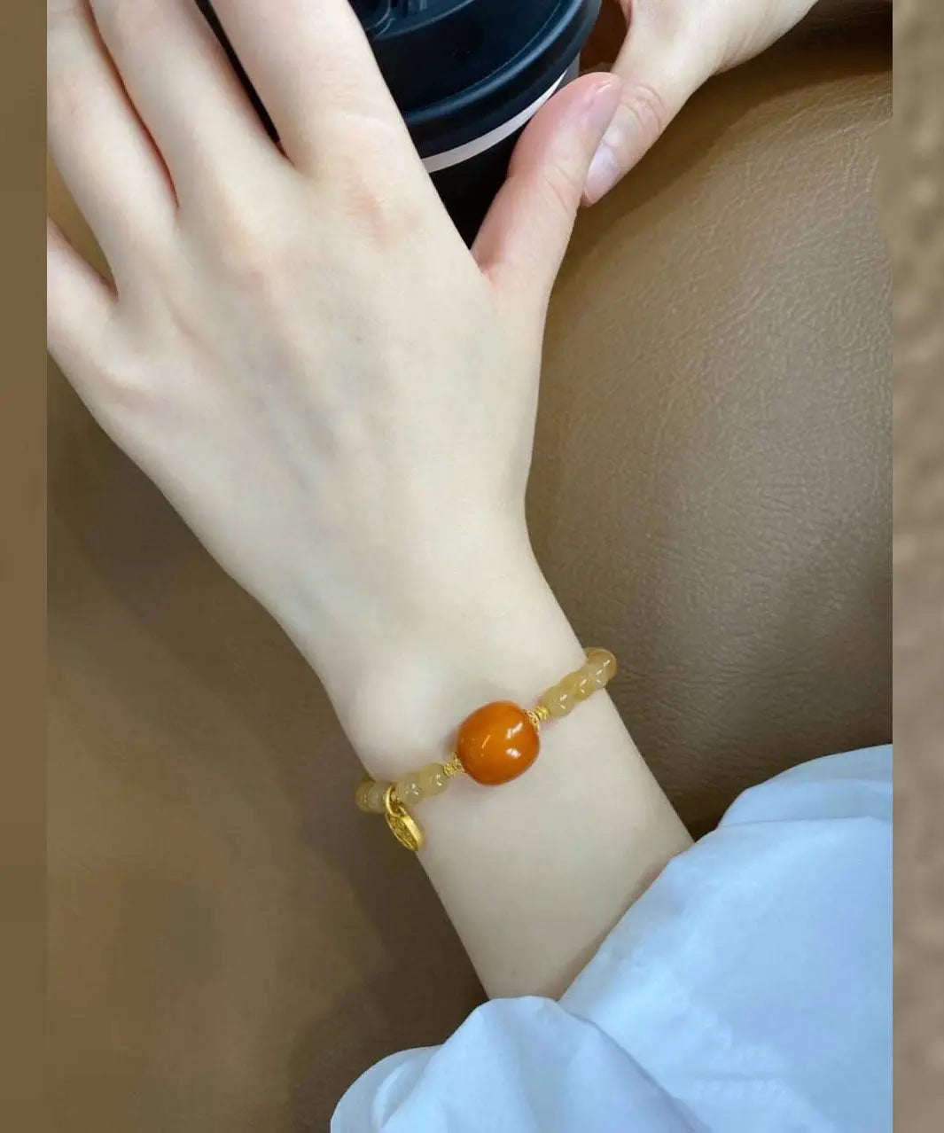 Chic Caramel 14K Gold Beeswax Chalcedony Chain Bracelet Ada Fashion