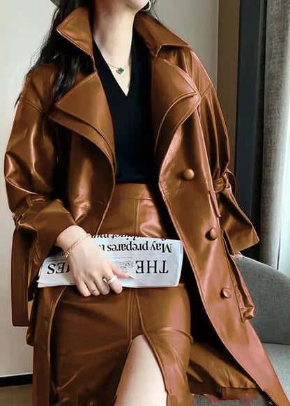 Chic Caramel Tie Waist Pockets Faux Leather Trench Coat Flare Sleeve Ada Fashion