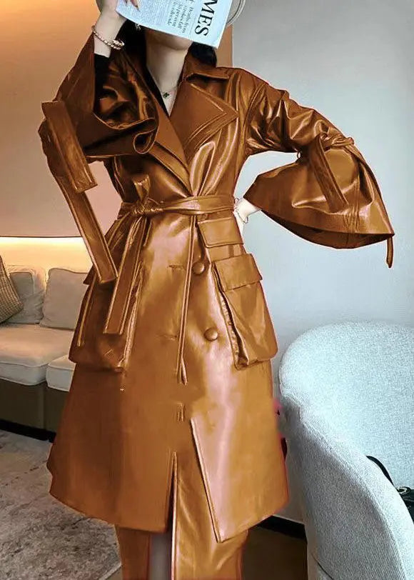 Chic Caramel Tie Waist Pockets Faux Leather Trench Coat Flare Sleeve Ada Fashion