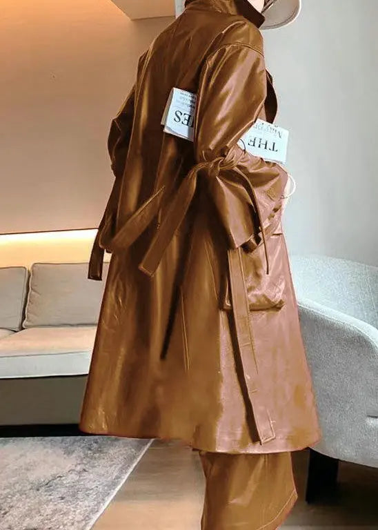 Chic Caramel Tie Waist Pockets Faux Leather Trench Coat Flare Sleeve Ada Fashion