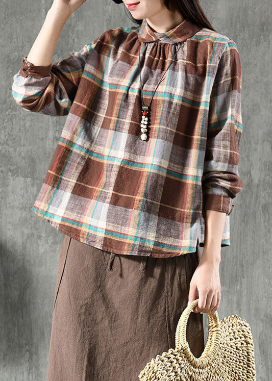 Chic Coffee Plaid Peter Pan Collar Patchwork Linen Blouse Tops Spring LY6180 - fabuloryshop