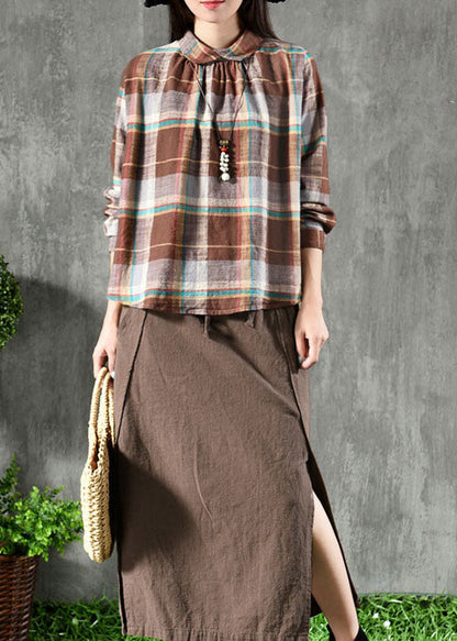 Chic Coffee Plaid Peter Pan Collar Patchwork Linen Blouse Tops Spring LY6180 - fabuloryshop