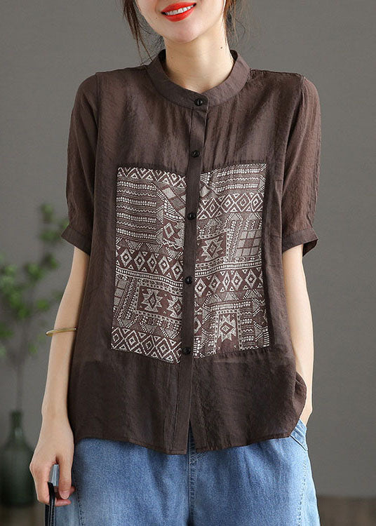 Chic Coffee Stand Collar Print Patchwork Cotton Top Short Sleeve LY6186 - fabuloryshop