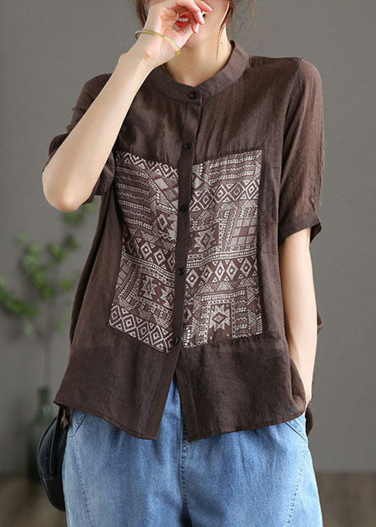 Chic Coffee Stand Collar Print Patchwork Cotton Top Short Sleeve LY6186 - fabuloryshop