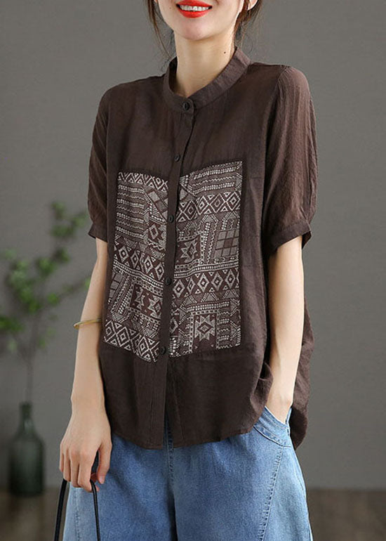 Chic Coffee Stand Collar Print Patchwork Cotton Top Short Sleeve LY6186 - fabuloryshop