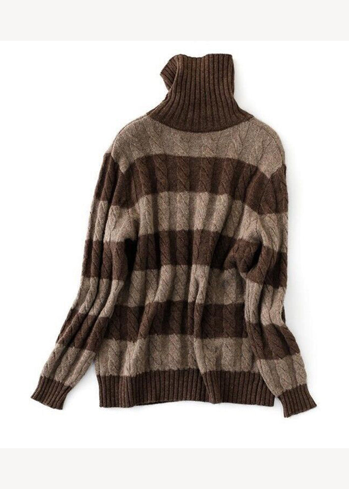 Chic Coffee Striped Hign Neck Thick Short Sweater