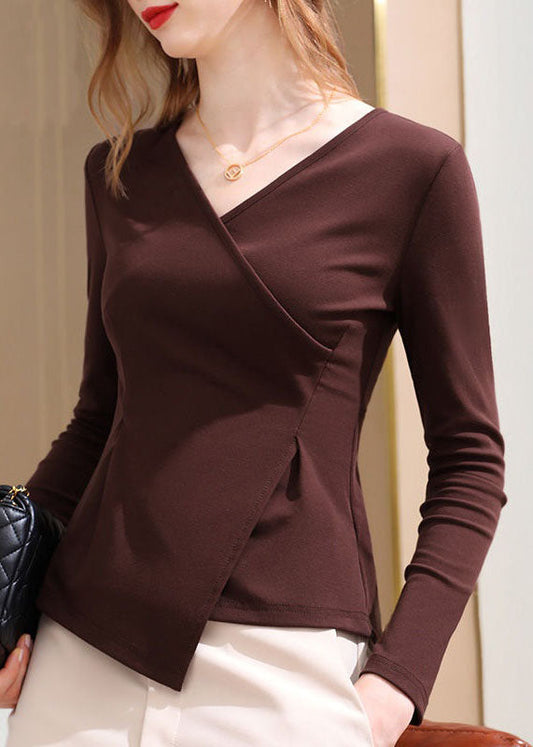 Chic Coffee V Neck Asymmetrical Patchwork Cotton Tops Spring LY4669 - fabuloryshop