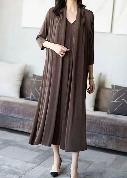 Chic Coffee V Neck Patchwork False Two Pieces Silk Long Dress Spring LY4545 - fabuloryshop