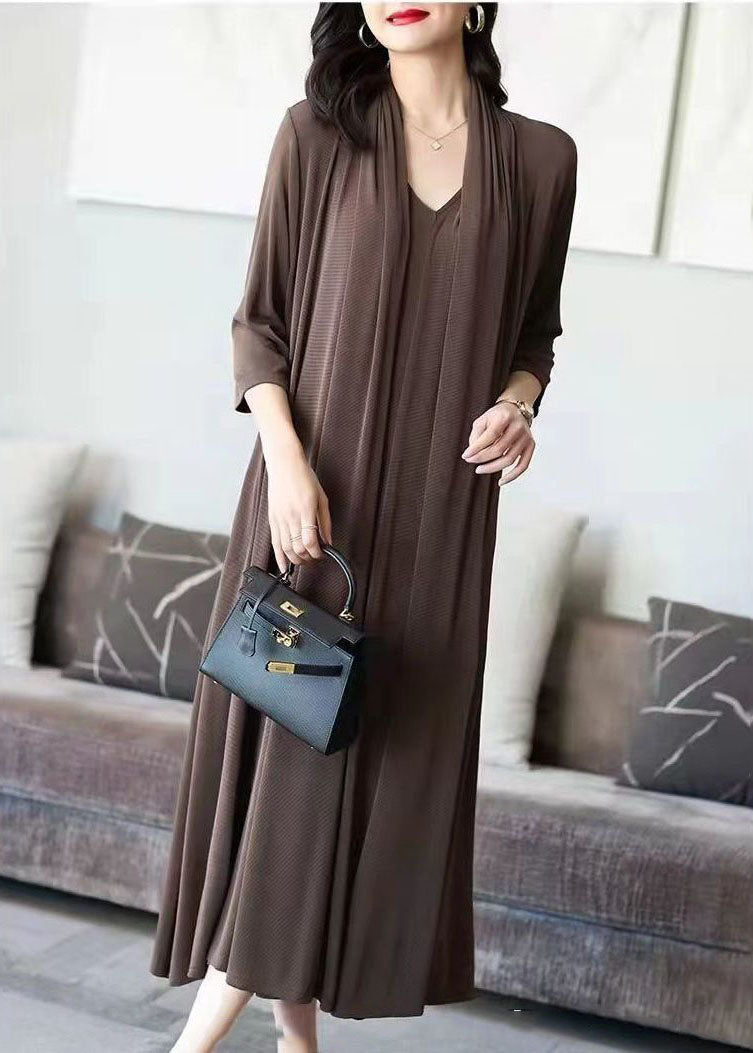 Chic Coffee V Neck Patchwork False Two Pieces Silk Long Dress Spring LY4545 - fabuloryshop