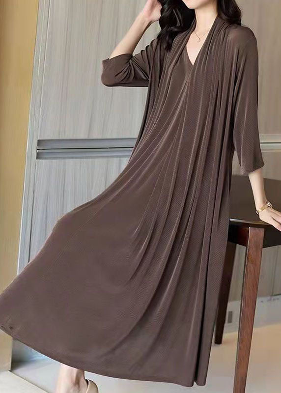 Chic Coffee V Neck Patchwork False Two Pieces Silk Long Dress Spring LY4545 - fabuloryshop