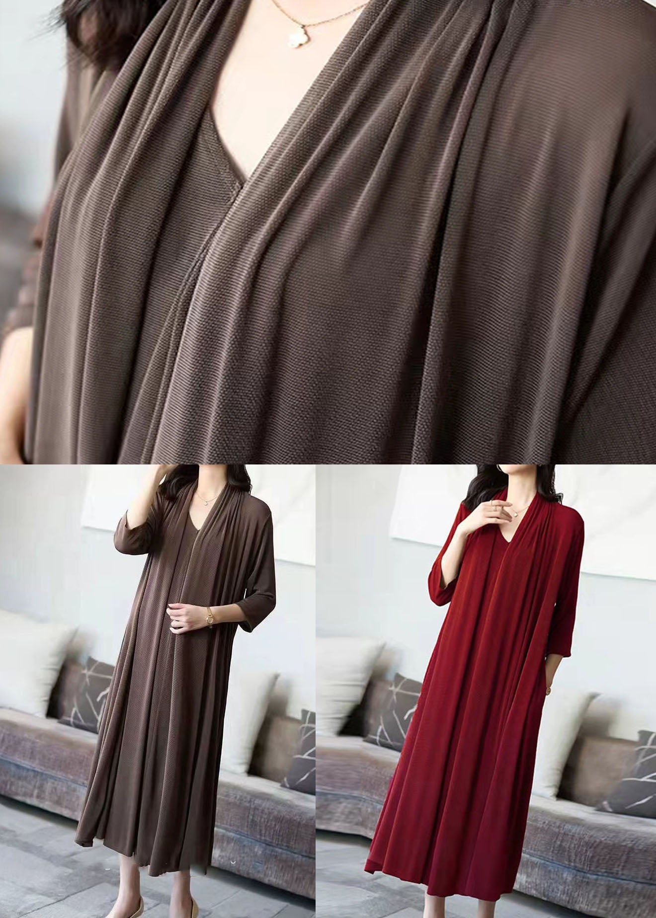 Chic Coffee V Neck Patchwork False Two Pieces Silk Long Dress Spring LY4545 - fabuloryshop