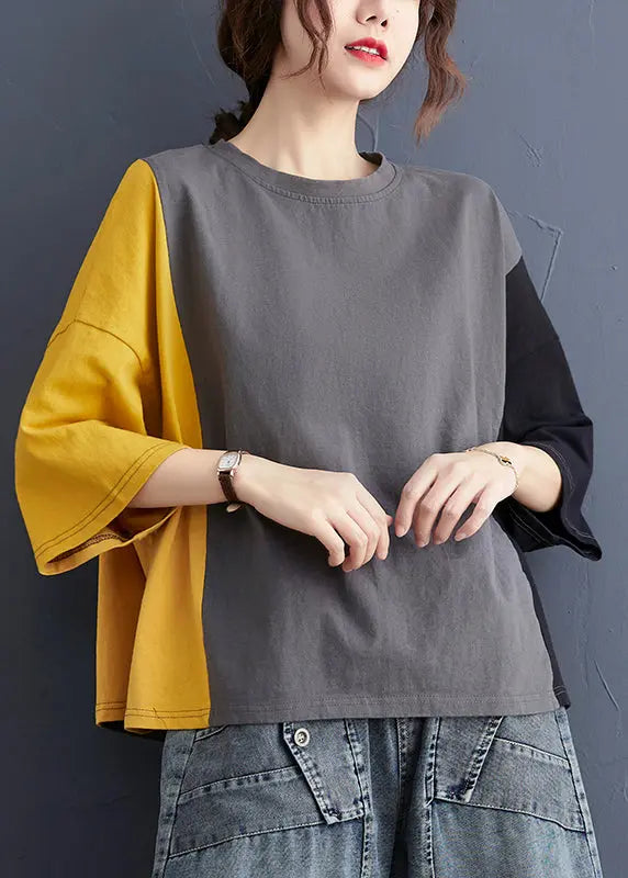 Chic Colorblock Oversized Patchwork Cotton Tanks Batwing Sleeve Ada Fashion