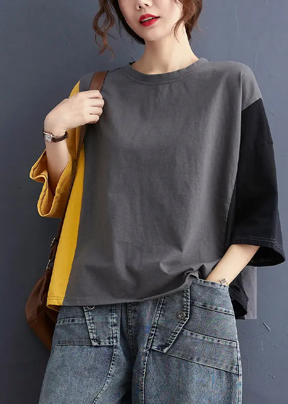 Chic Colorblock Oversized Patchwork Cotton Tanks Batwing Sleeve Ada Fashion