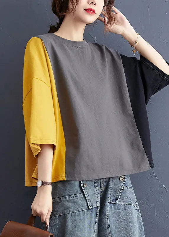 Chic Colorblock Oversized Patchwork Cotton Tanks Batwing Sleeve Ada Fashion